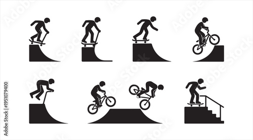 Extreme cycling silhouettes collection, BMX rider tricks and skatepark action icons