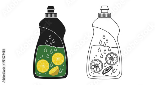 Stylized illustration of two lemon scented dish soap bottles black and white