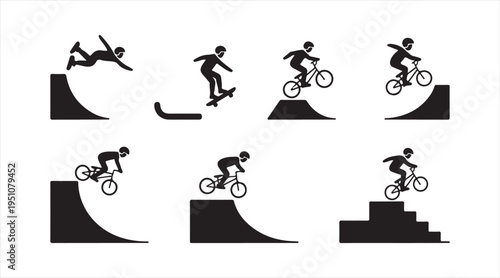 BMX stunt icons set, cyclist performing jumps and freestyle tricks on ramps in minimal black design