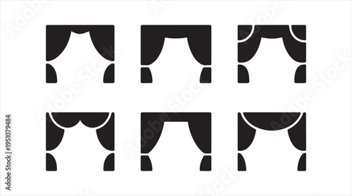 Theater curtain and window drape icon set, elegant fabric valance designs isolated on light background