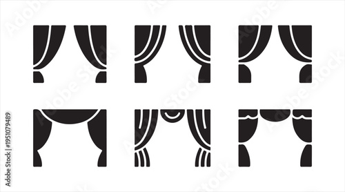 Black curtain and drapery icons collection, theater backdrop and interior decoration symbols