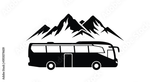 A stylized black silhouette of a tour bus with mountains in the background
