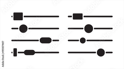 Minimal sound mixer sliders icon collection, audio adjustment controls UI elements in black flat design