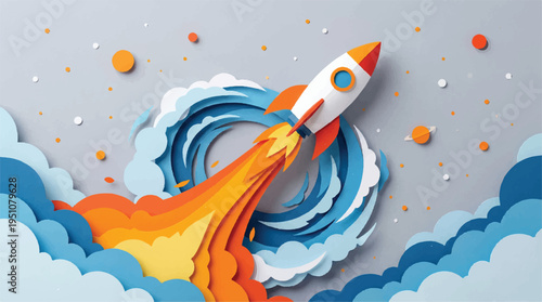 3D paper cut illustration of rocket launching into sky with clouds and swirling motion