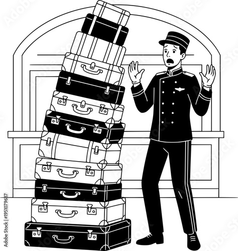 Surprised hotel bellboy looking at a huge falling stack of vintage suitcases. Black and white vector illustration of travel chaos and service.