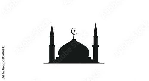 A black silhouette of a mosque with crescent moon and minarets