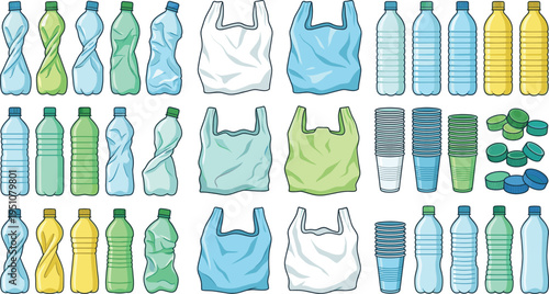 Plastic waste collection with bottles bags cups and caps for recycling concept isolated vector illustration