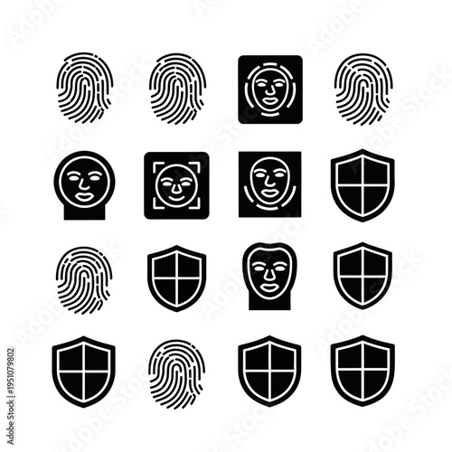 Collection of security and identification icons featuring fingerprints, facial recognition, and shield symbols.