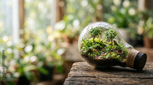 Glass light bulb with miniature forest inside on wooden table in greenhouse  