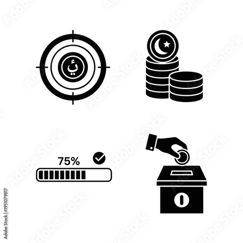 A collection of four black and white icons representing financial concepts including targeting currency, stacked coins, a progress bar, and a donation box.