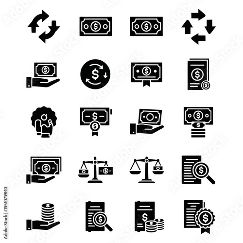 A collection of financial icons representing various aspects of money, banking, and economic transactions.