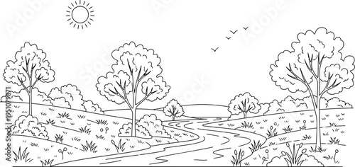 A beautiful hand-drawn natural landscape illustration featuring a winding river flowing through gently rolling hills dotted with various trees and lush bushes under a bright sun.