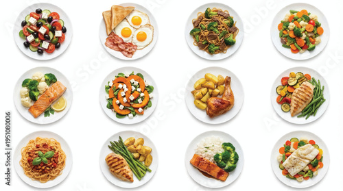 Assortment of various healthy meals on white background
