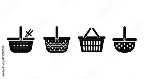 Four black silhouette icons depicting various styles of woven picnic baskets