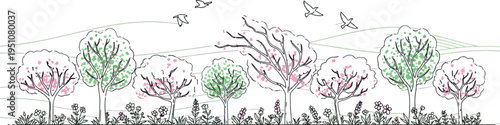 A beautiful vibrant spring landscape illustration featuring an array of blossoming pink and green trees, wildflowers, gentle rolling hills, fluffy clouds, and birds flying in a tranquil outdoor scene.