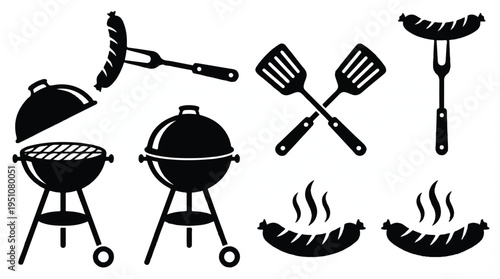 black silhouettes of barbecue grill and cooking utensils and sausages on white background