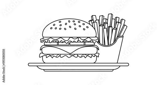 Simple line drawing of a cheeseburger and french fries on a tray