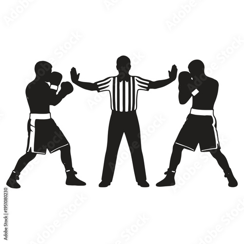 Boxing match scene with two silhouetted fighters in stances and a referee standing between them with hands raised signaling a stop or break in the action during the competition