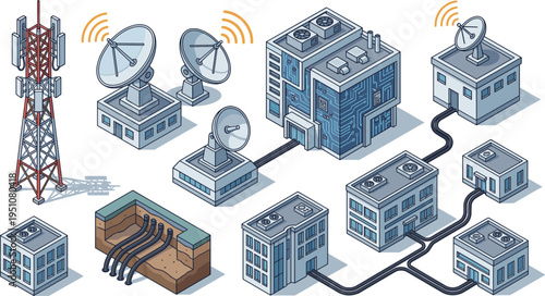Telecommunications, Network, Data, Technology, Satellite, Internet, Communication, Vector, Isometric, Infrastructure, Connection, Digital, Wireless, Antenna, Server