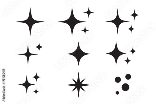 Sparkling stars and twinkles silhouette set. Black star burst and shine icons for magic, night sky, and festive decoration vector illustration.