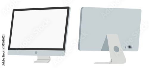 Two modern monitors stand side by side. One shows blank screen, the other displays back view. Minimalist design suits digital or tech-focused visuals. Ideal for web design, startup presentations