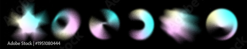 Gradient blur hologram shape. Abstract circle figure noise effect. Defocused grunge element gradation color. Fluid paint brush, aura, mesh blurry flow forms. Vector shape for modern gradient design