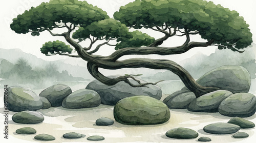 bonsai tree on rocks and sand near water  serene landscape