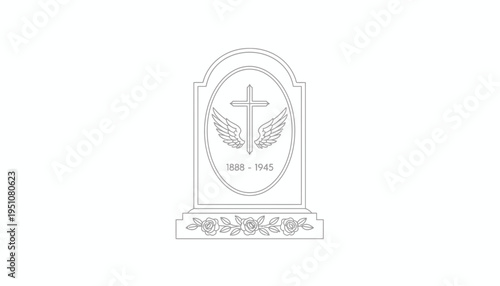 Tombstone with Cross and Wings, Dates 1888-1945, Roses