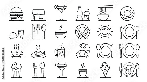 Black line icons of various food and drink items and utensils on white background