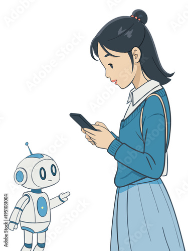Young woman in blue dress looking at smartphone with a friendly AI robot assistant floating above the screen, transparent Background. Smart technology and virtual assistance flat design with a woman.