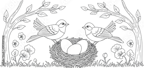 A charming line art illustration of two adorable parent birds guarding their precious nest filled with three eggs, set amidst a serene natural landscape for a delightful coloring page activity.