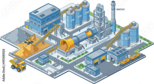 Cement manufacturing plant with clinker production rotary kiln silos and distribution bay vector illustration