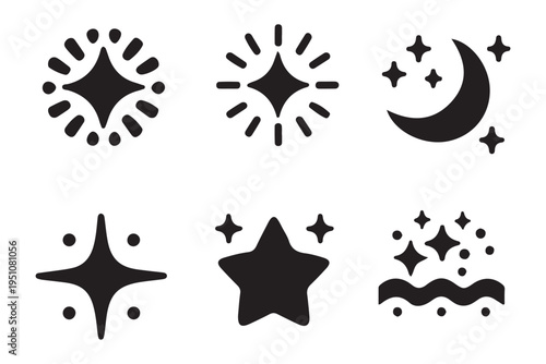 Sparkling stars and shine icons set. Black silhouette of magic wand, heart with sparkles, and star burst elements for cleaning and beauty logo vector illustration.