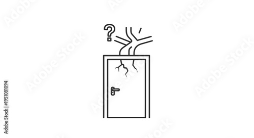Tree Growing Through Cracked Door with Question Mark, Symbolizing Growth and Uncertainty