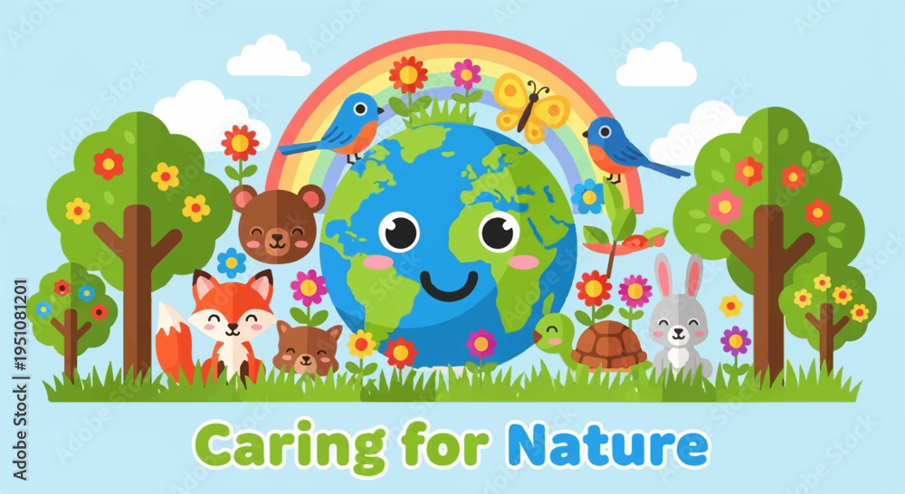 Naklejka premium Colorful illustration of a smiling earth with animals and trees promoting environmental care and conservation