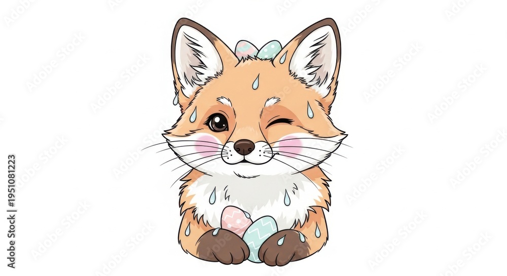 Fototapeta premium Adorable Winking Fox with Easter Eggs - A Charming Cartoon Illustration.