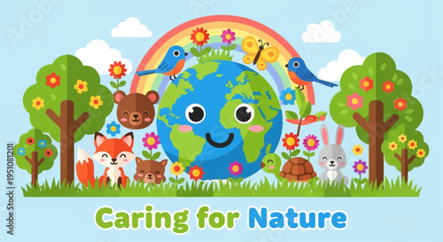 Colorful illustration of a smiling earth with animals and trees promoting environmental care and conservation