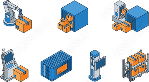 Isometric logistics icons with robotic arm, shipping container, warehouse shelves, and automated freight distribution,