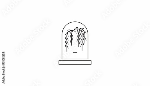 Vector illustration of a tombstone with a weeping willow and a cross, minimalist line art
