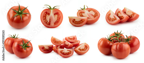 Fresh tomatoes and sliced tomatoes on white background