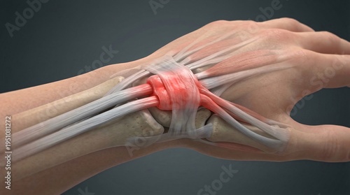 Anatomical view of human wrist tendons with inflammation and pain anatomy
