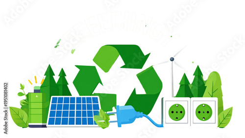 Renewable energy and power supply icons set featuring battery solar panel wind turbine electric plug and socket for green environment concepts