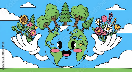 Happy earth with trees and flowers in hands smiling face blue sky background