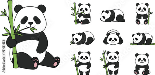 Cute cartoon pandas in various poses with bamboo, sitting, standing, walking, and lying down, perfect for children’s education, wildlife artwork, and creative design projects.
