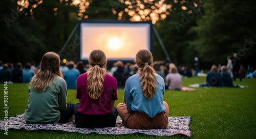 Group of friends watching outdoor movie night in park with sunset lighting