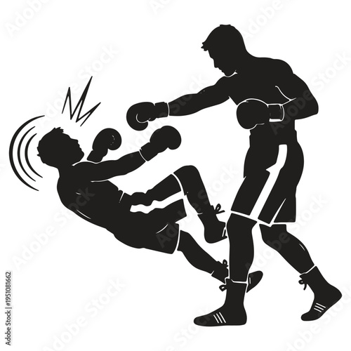Dynamic silhouette illustration capturing the dramatic moment of a knockout in a boxing match with one fighter falling down and the other delivering a powerful punch