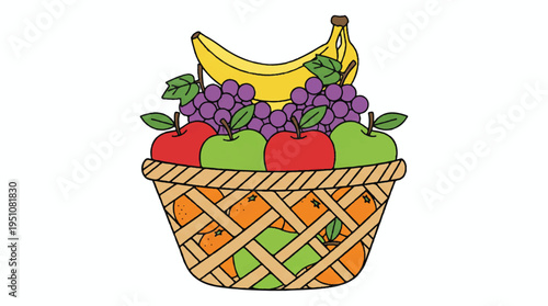 Colorful cartoon fruit basket with apples bananas grapes and oranges
