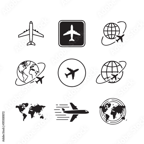 A Collection of Vector Icons Representing Airplanes and Global Travel, Featuring Various Styles of Aircraft and Earth Globe Illustrations for Aviation and Transportation Concepts