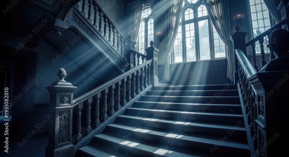 Fototapeta premium Ornate wooden staircase interior receives dramatic shafts of daylight through tall windows