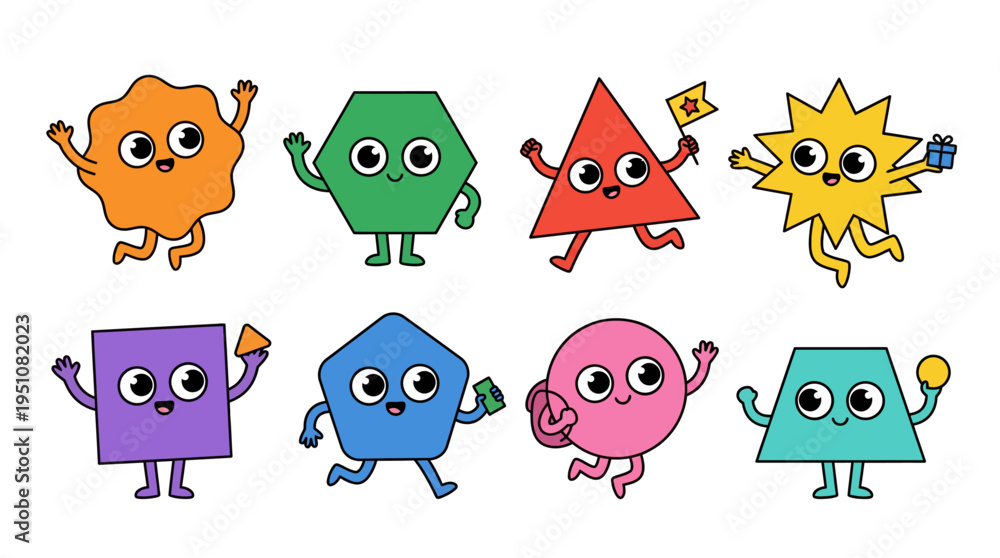 Obraz premium Playful Geometric Cartoon Characters Pack Flat Vector Illustration